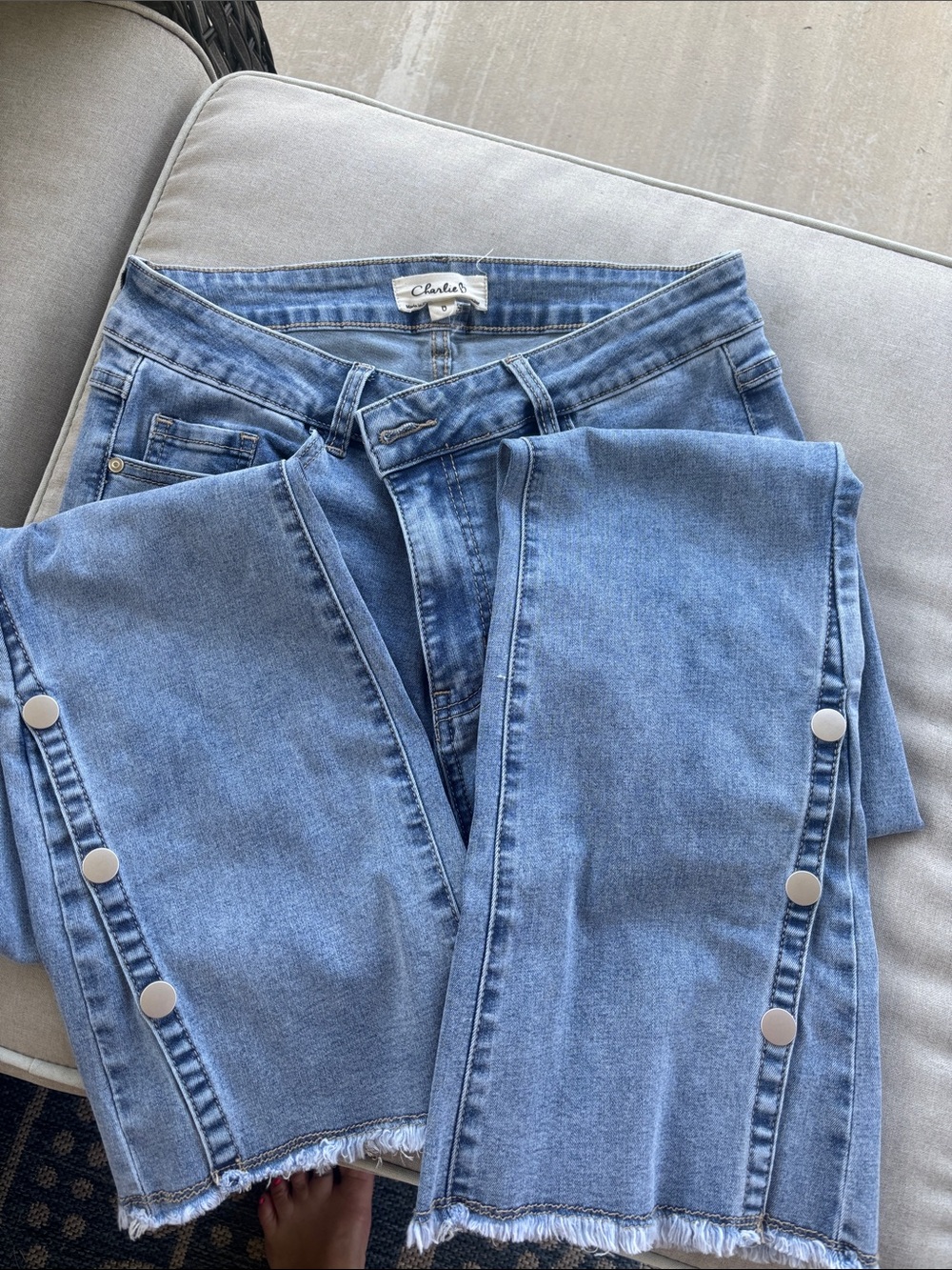 CHARLIE B Light Blue Flare Leg Button-Side Jeans